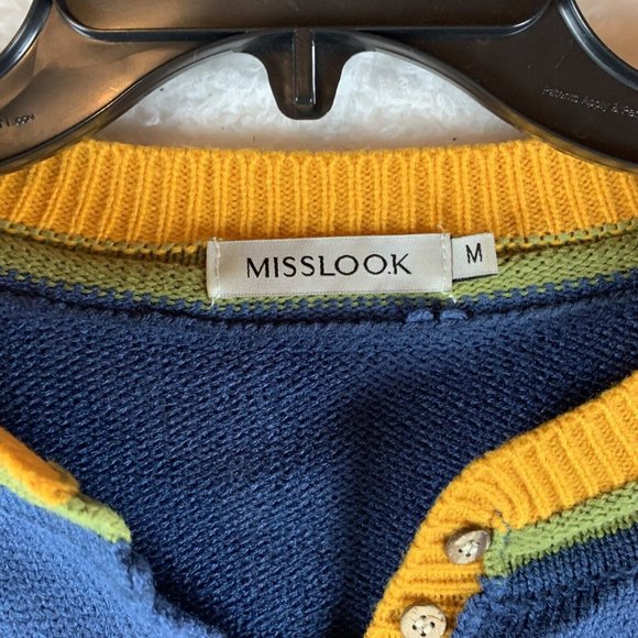 Misslook Sweater Women's Medium Multicolor Striped Cotton Knit Henley Neck 8161 - Picture 2 of 7